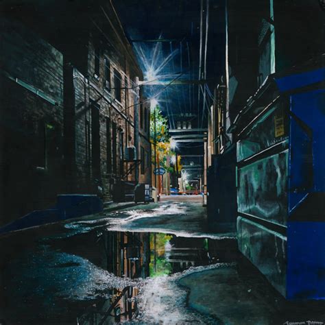 Tanner Bosma, Alley. Acrylic painting of an urban cityscape/alley at nighttime. Puddle ...