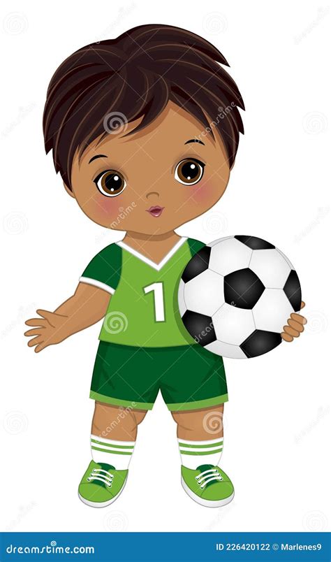 Cute Little Soccer Boy Holding Ball. Vector Soccer Boy with Ball Stock ...