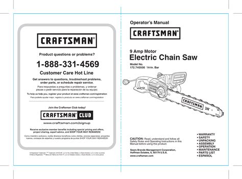 Craftsman 172740500 User Manual ELECTRIC CHAINSAW Manuals And Guides 1703323L