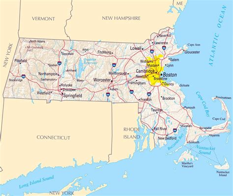 Large map of Massachusetts state with roads, highways, relief and major ...