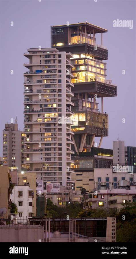 VIEW OF ANTILLA, RESIDENCE OF MUKESH AMBANI, IN THE EVENING WITH INTERIOR LIGHTS, MUMBAI ...