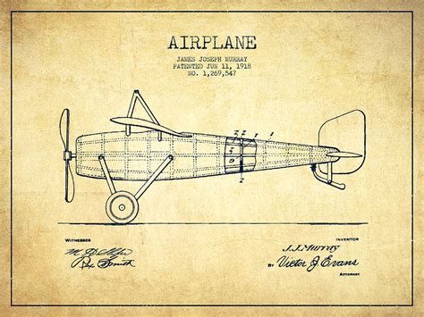 Airplane Patent Drawing from 1918 - Vintage Digital Art by Aged Pixel - Pixels