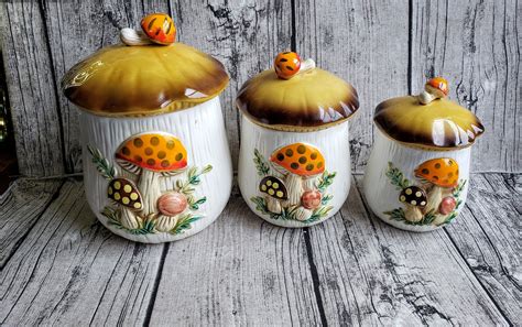 Vintage Merry Mushroom Ceramic Canister Set of 3 W/ Lids | Etsy ...