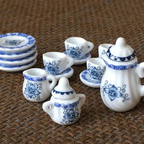 OTVIAP 1:12 Dollhouse Kitchen Miniature 15pcs Porcelain Flower Tea Cup ...