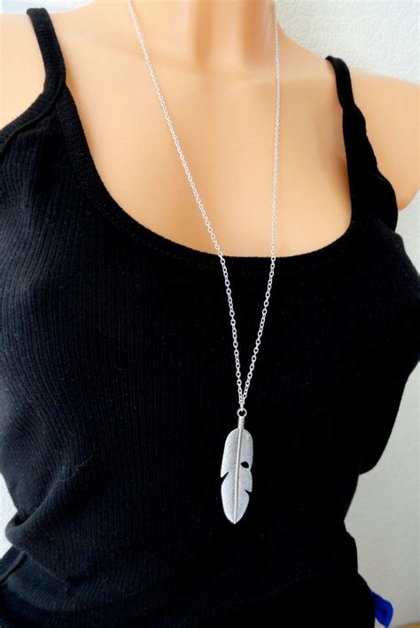 Silver Feather Necklace, Silver Boho Necklace, Long Silver Feather ...