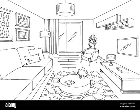 Living room graphic black white home interior sketch illustration ...