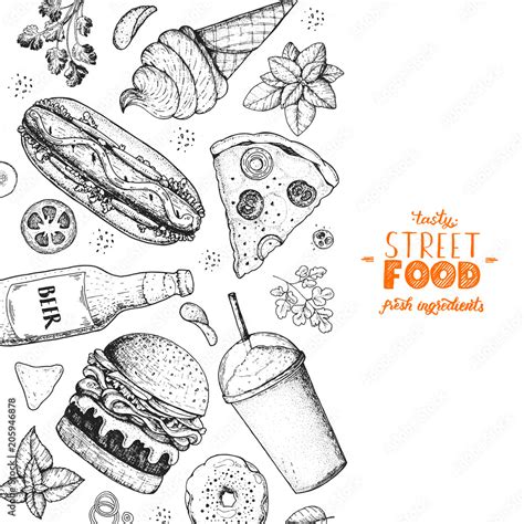 Fast food hand drawn sketch collection. Vector illustration. Junk food ...