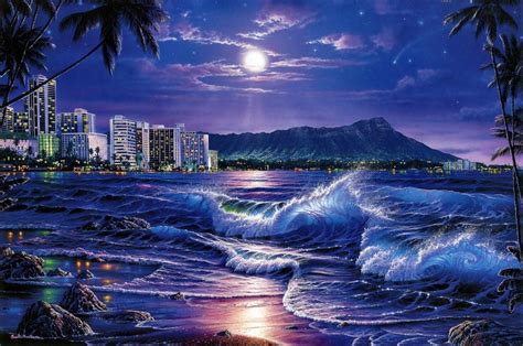 wallpaper sea, waves, city, night, beach, moon, stars, painting, art HD : Widescreen : High ...