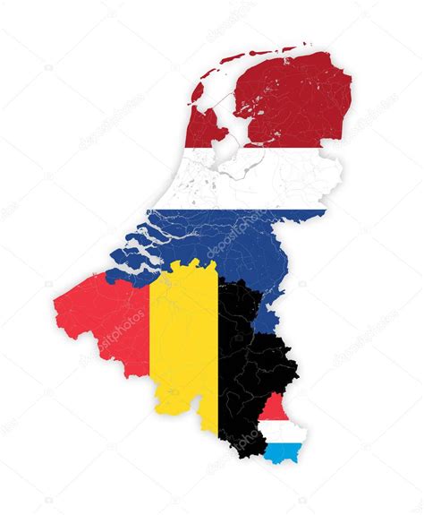 Map of BeNeLux countries with rivers and lakes in colors of the national flags.