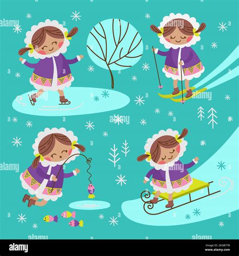 ESKIMO GIRL Alaska Winter Child Characters Comic Funny Flat Design ...