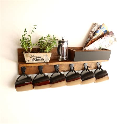 Buy a Handmade Rustic Wall Mounted Coffee Mug Rack With Shelf, Cup Rack ...