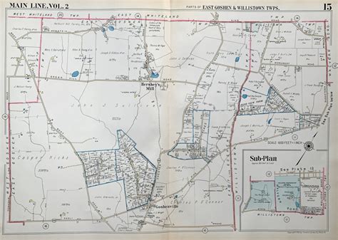 East Goshen Township Map, Original 1950 Franklin Survey Main Line Atlas, Willistown Township ...