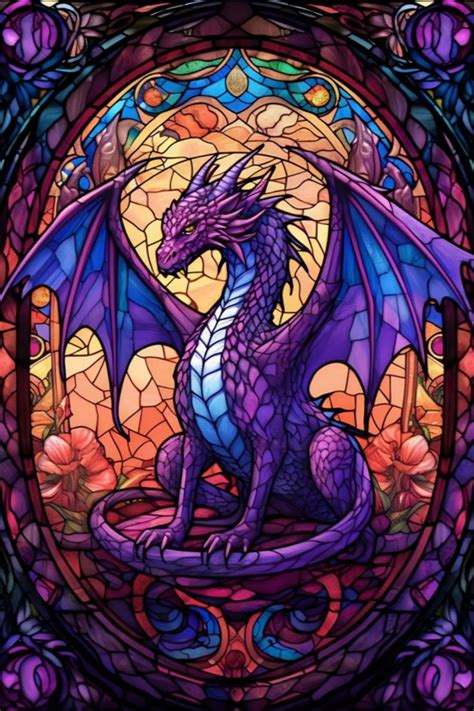 a stained glass window with a purple dragon on it