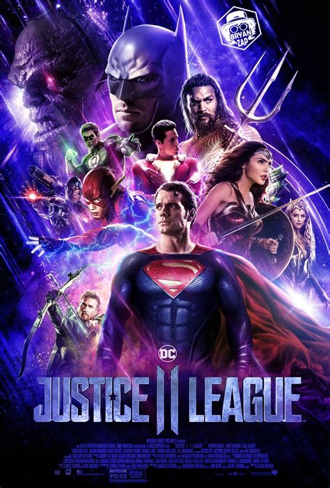 the poster for justice league, which features superman and other dc characters in front of a purple