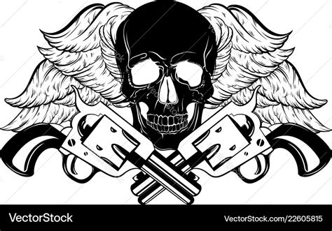 Hand drawn of human skull with vintage guns and Vector Image