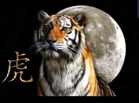 a tiger sitting in front of a full moon with chinese writing on it's side