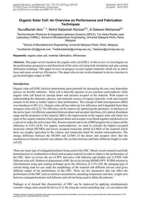 (PDF) Organic Solar Cell: An Overview on Performance and Fabrication Techniques