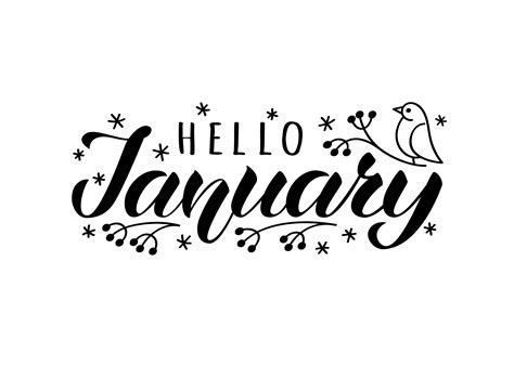 Hello january hand drawn lettering card with doodle snowlakes and bird ...