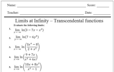 Limits at infinity - transcendental functions - Worksheet by Teach Simple