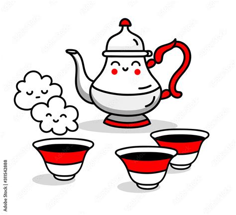 Cute teapot with teacups. Kawaii cartoon characters. Tea party. Vector ...