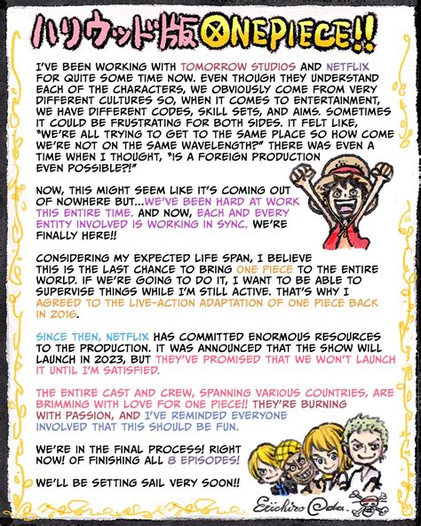 New message from Eiichiro Oda regarding the Live Action: will be 8 episodes, only released in ...