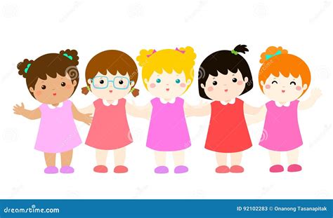 Variety Nationality Cartoon Character Girl Set. Stock Vector ...