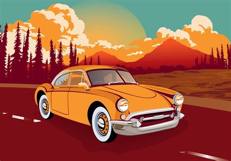 Vintage Classic Car Mountain Landscape Road Trip Retro Color Palette ...