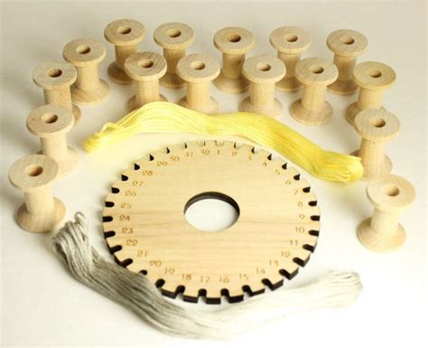 Kumihimo braiding kit, wood numbered disc with bobbin weights, thread ...