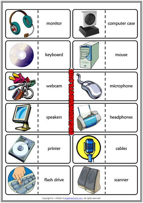 Computer Parts ESL Printable Dominoes Game For Kids