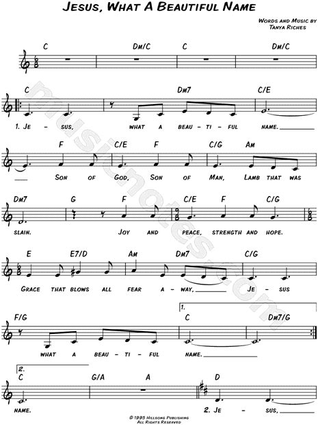 Hillsong "Jesus, What a Beautiful Name" Sheet Music (Leadsheet) in C Major - Download & Print ...