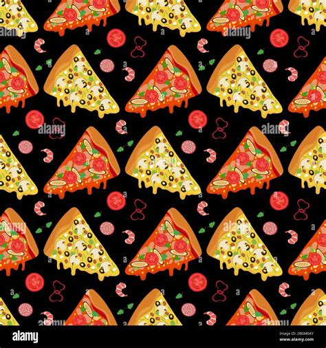 Cartoon pizza slices and ingredients food seamless pattern background. Vector illustration Stock ...