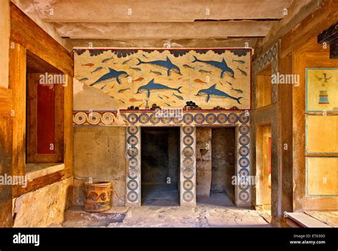 The Dolphins fresco from the Queen's Megaron at the Minoan palace of Knossos, Heraklion, Crete ...