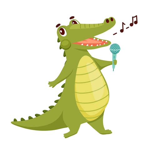 Cute Crocodile is singer. Funny Alligator with microphone isolated on white. Cartoon Vector ...