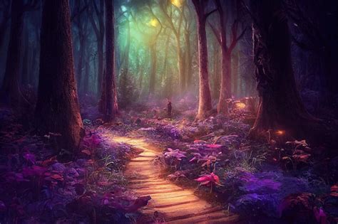 Premium Photo | Fantasy magical path through enchanted forest trees dreamy wilderness nature at ...