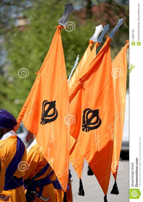 Orange Flag With Symbol Of Sikh Called Khanda Stock Photo - Image of sikhism, nagar: 116061186