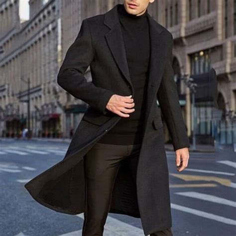 Men Woolen Long Coat Trench Style Black Mens Overcoat For ...