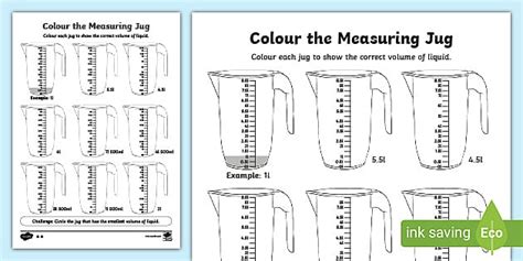 Colour the Measuring Jug (litres) Differentiated Worksheet