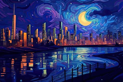 Premium Photo | Night city landscape with skyscrapers and river Vector illustration Nocturnal ...