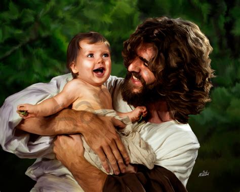 Christian art, digital painting of Joyous Jesus laughing with a baby