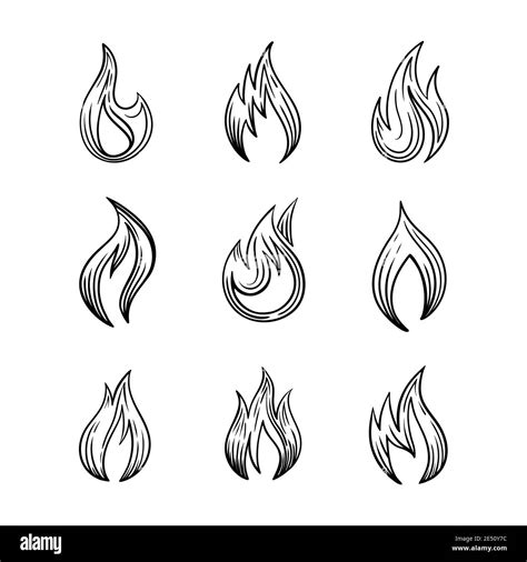 Fire icons with and spurts of flame Vector set of monochrome signs in ...