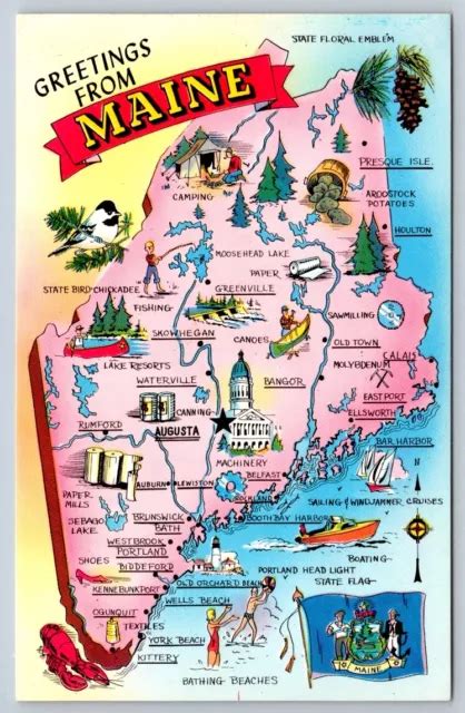 MAINE STATE MAP Showing Major Points Of Interest, Vintage Chrome ...