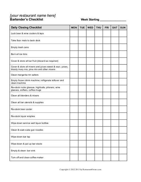 Bartender checklist | Restaurant management, Cleaning checklist ...