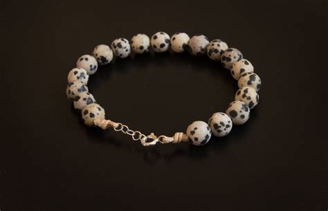 Dalmatian Stone Beaded Bracelet. Frosted Finish. Adaptable Size. With Personalised Stamped Charm ...