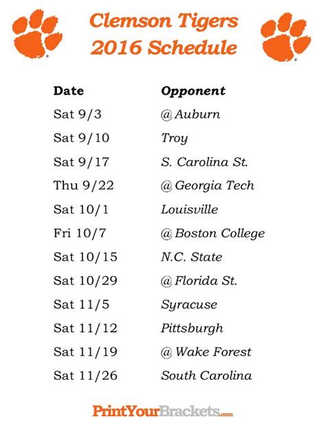 Clemson Printable Football Schedule