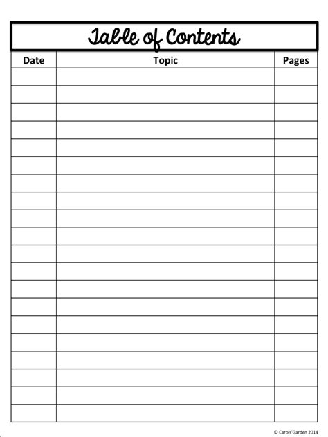 Blank Table To Contents Printable Page Free