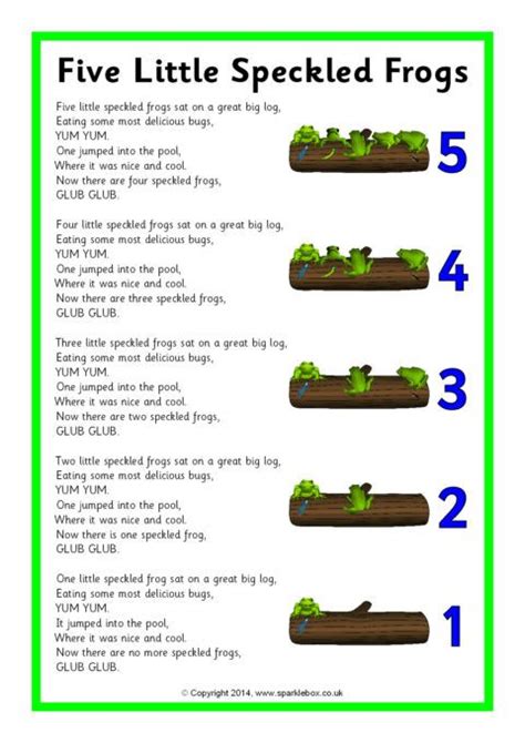 Five Little Speckled Frogs Song Sheet (SB10901) - SparkleBox | Kindergarten songs, Preschool ...