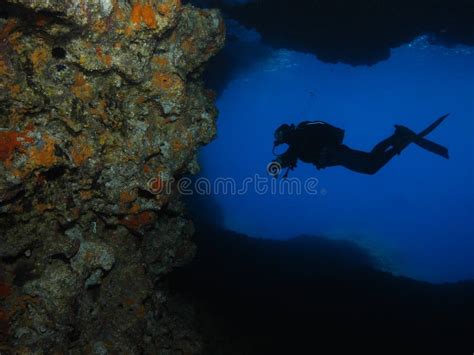 Man Underwater Photographer Scuba Diving Cave Stock Photo - Image of ...