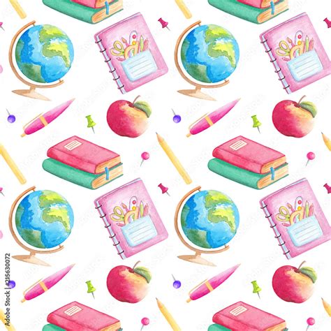 Watercolor school supplies seamless pattern Back to school stationery ...