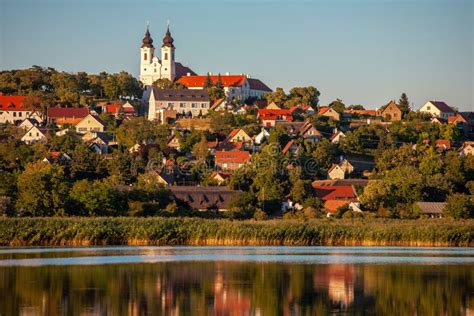 Tihany Village in Suset Colors with the Inner Lake in the Front at Lake ...