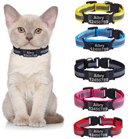 Custom ID Name Tag Cat Collar Bell Necklace Safety Reflective Nylon Kitten Cat Collar ...